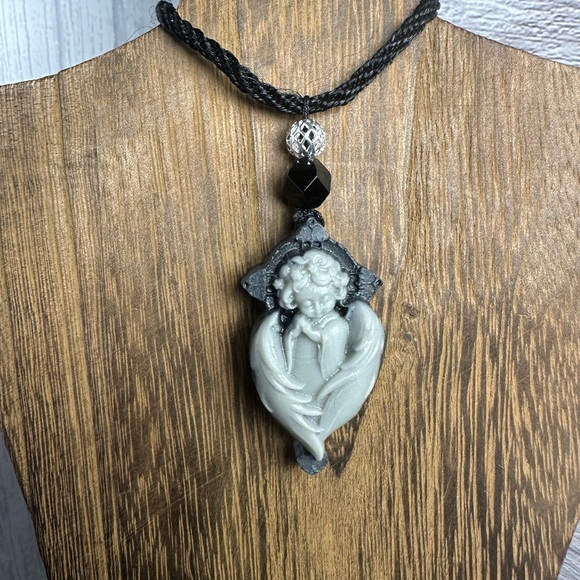 Tai Chi Stone Angel Pendant Necklace on Black Rope - Picture 11 of 15